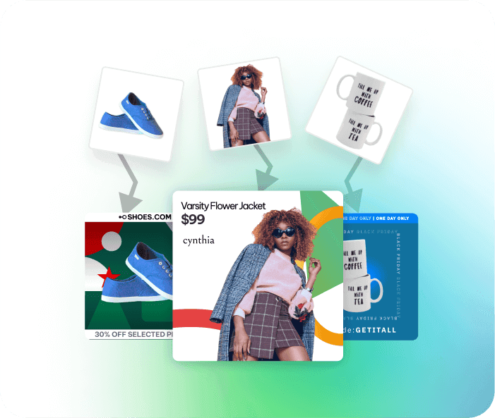  Images of blue fabric shoes, a winter jacket, a skirt, and a mug with writing, showcasing before and after versions of these Shopify products as AI creatives.