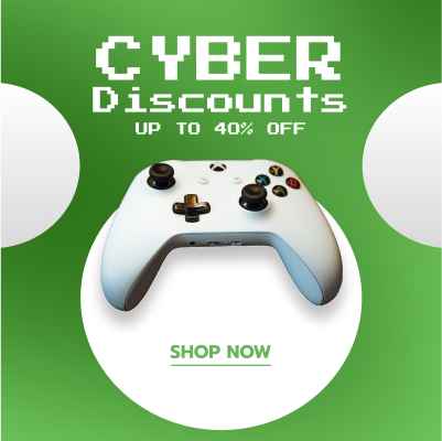 An Xbox controller is featured in a green background with the text in a pixelated style. The ad creative includes a SHOP NOW button, making it perfect for Shopify stores, Facebook ads, dynamic ads, consumer electronics e-commerce, and product catalogs.