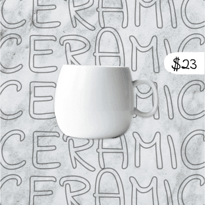 A white mug with a price tag is displayed in front of a background with a modern text font, showcasing a sleek, minimalist design ideal for Instagram product ads and catalog editing.