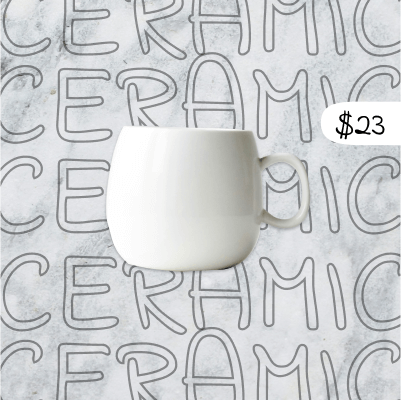 A white mug with a price tag is displayed in front of a background with a modern text font, showcasing a sleek, minimalist design ideal for Instagram product ads and catalog editing.