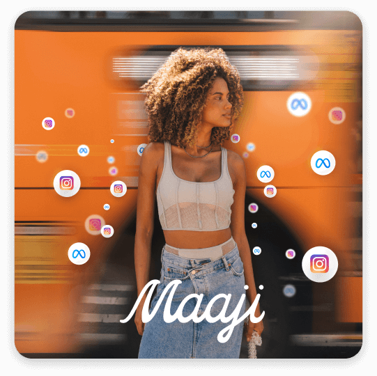 Maaji fashion brand model with curly hair on an orange background, surrounded by Instagram and Meta logos, designed to symbolize Maaji's AI ad-driven increases in CPR, revenue, and ROAS.