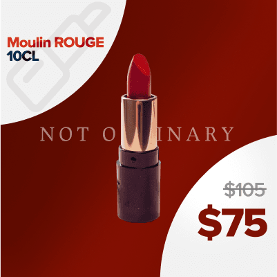 A minimalistic e-commerce product catalogue featuring a red lipstick on a simple red background, showcasing AI Ad creatives for a cosmetics and beauty Shopify store. 