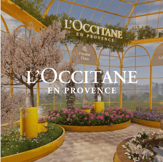 Vibrant greenhouse scene with colorful flowers and yellow structures featuring L’OCCITANE EN PROVENCE text, demonstrating an AI-driven creative ad template that boosts conversions on Facebook ads, Instagram reels, and Google placements.