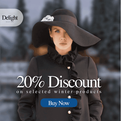 Model wearing a black winter coat and hat in a minimalist, modern AI creatives product ad template, promoting a 20% discount on selected winter products with a Buy Now button for the promotion