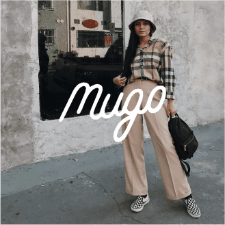 Casual image of a person in a beige outfit with a plaid shirt and bucket hat featuring the Mugo logo, representing a trendy AI-powered ad template optimized for diverse digital placements on Facebook and Instagram stories.
