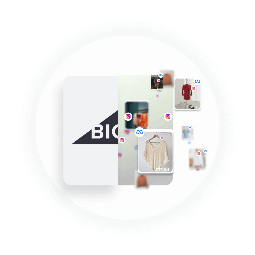 Bigcommerce logo surrounded by clothing items, symbolizing seamless AI Ads launch on Facebook, TikTok, and Google Ads.