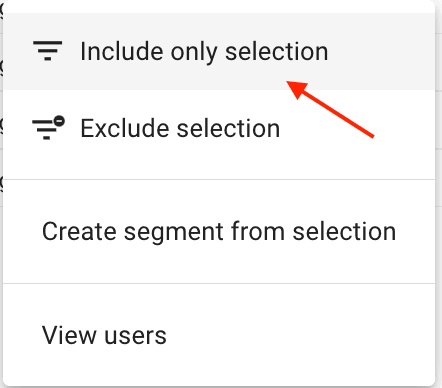 Dropdown menu in Google Analytics 4 with options to 'Include only selection,' 'Exclude selection,' 'Create segment from selection,' and 'View users.'