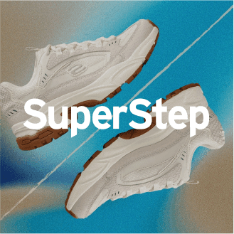 Pair of crisp white sneakers on a blue background with SuperStep text, demonstrating a sleek AI-enhanced product ad template optimized for digital placements on Facebook ads, Instagram reels, and Google ads.