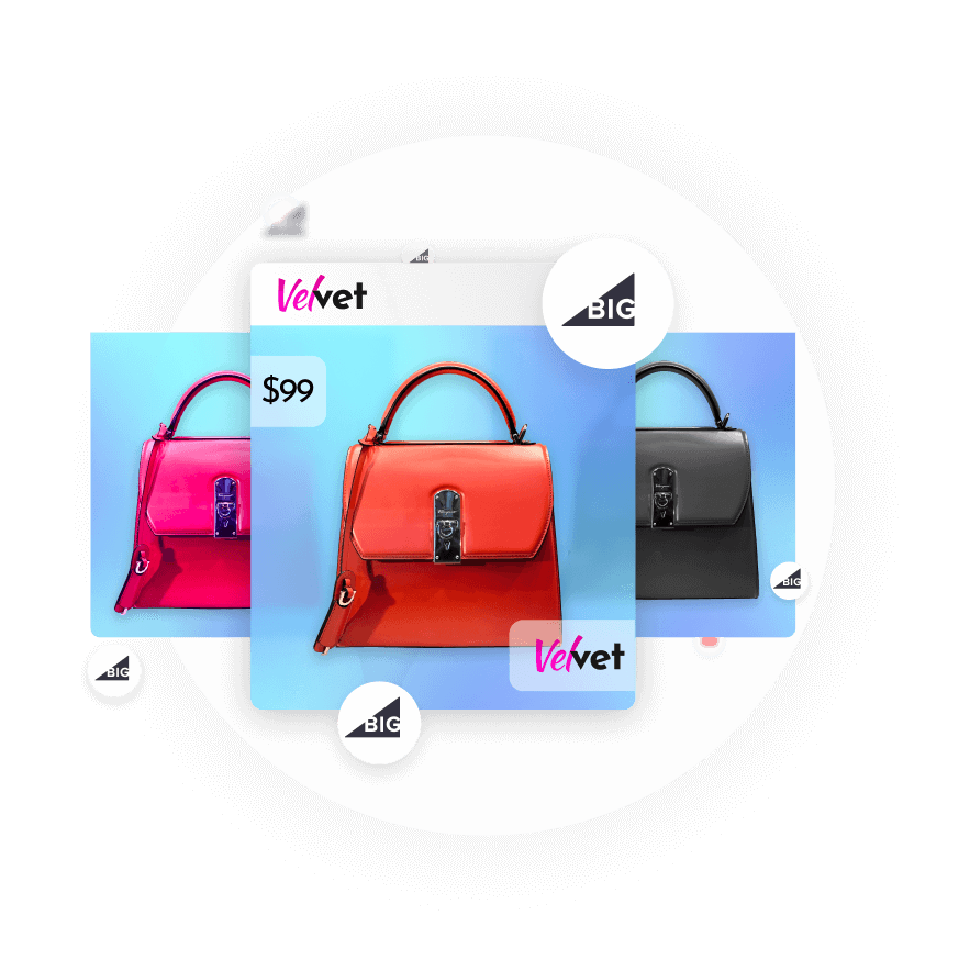 Bigcommerce catalog displaying bag models, symbolizing instant transformation into winning ads.