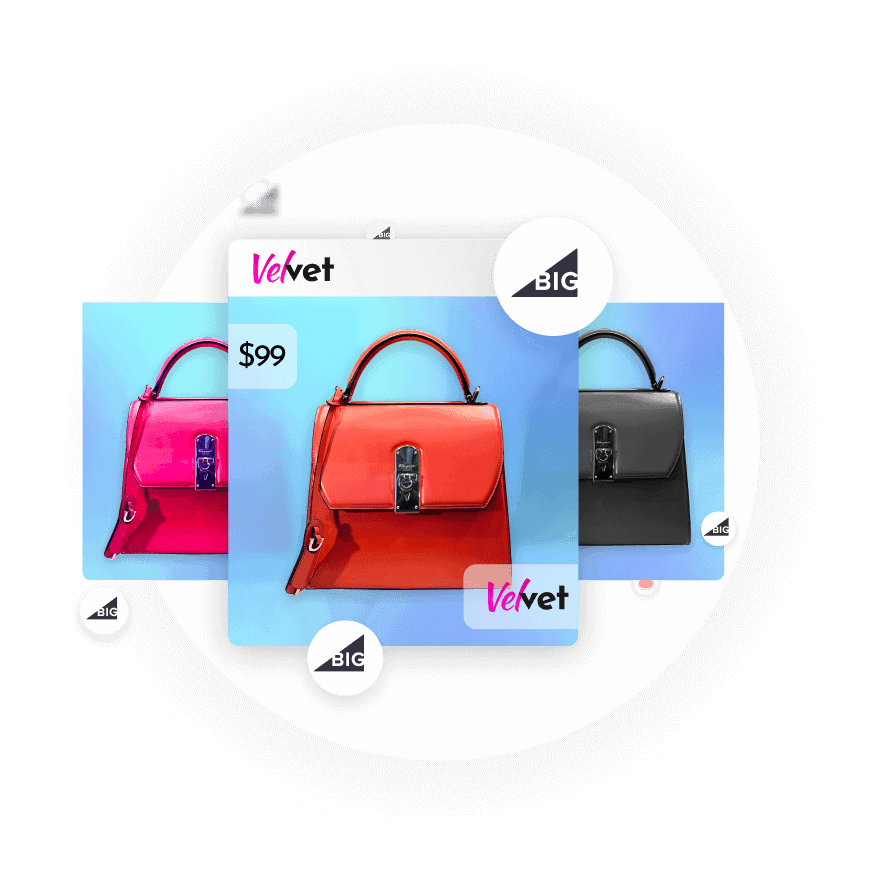 Bigcommerce catalog displaying bag models, symbolizing instant transformation into winning ads.