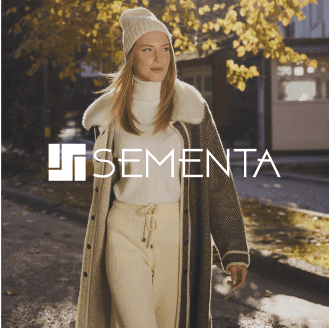 Cozy shot of a person in a beige outfit with a white beanie featuring Sementa text, representing an inviting product ad template powered by AI creative strategies for high engagement on Instagram reels.