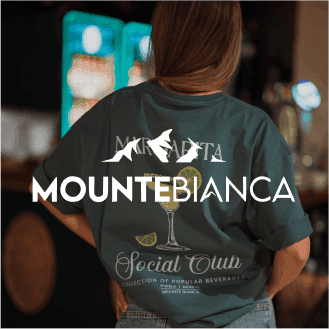 Relaxed image of a person in a green shirt featuring the Mountebianca logo, presenting a casual AI-driven ad template optimized for modern campaigns on Facebook stories and Instagram reels.