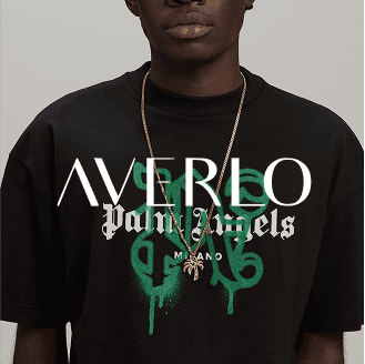 Stylish image of a person in a black shirt with a green graphic design and AVERIO text, presenting a trendy product ad template optimized by AI-driven insights for digital placements on Facebook ads, Instagram reels, and Google ads.