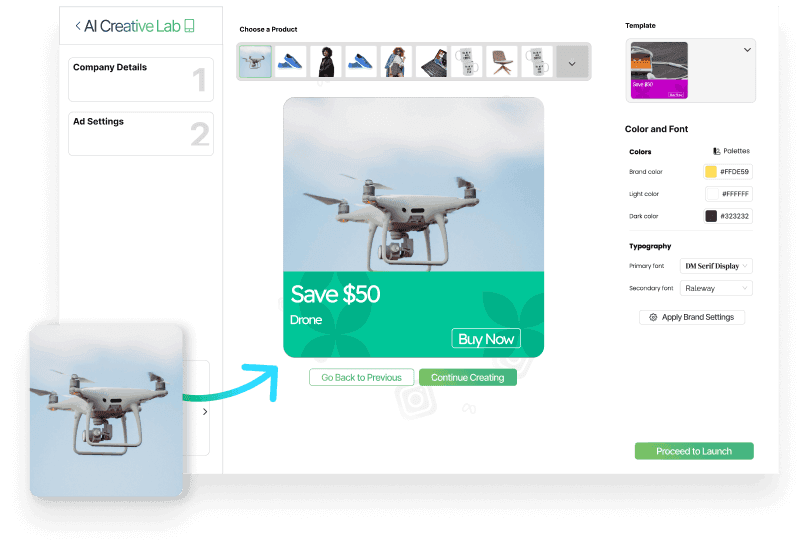 AI Ad Creatives Lab showcasing hundreds of modern, ready-to-use product catalog designs for e-commerce and Shopify, featuring the latest high-end drone.