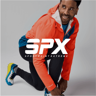 Vibrant image of a person in a red jacket on a white background featuring the SPX logo, representing a bold product ad template enhanced with AI insights for dynamic placements on Instagram reels and Facebook ads.