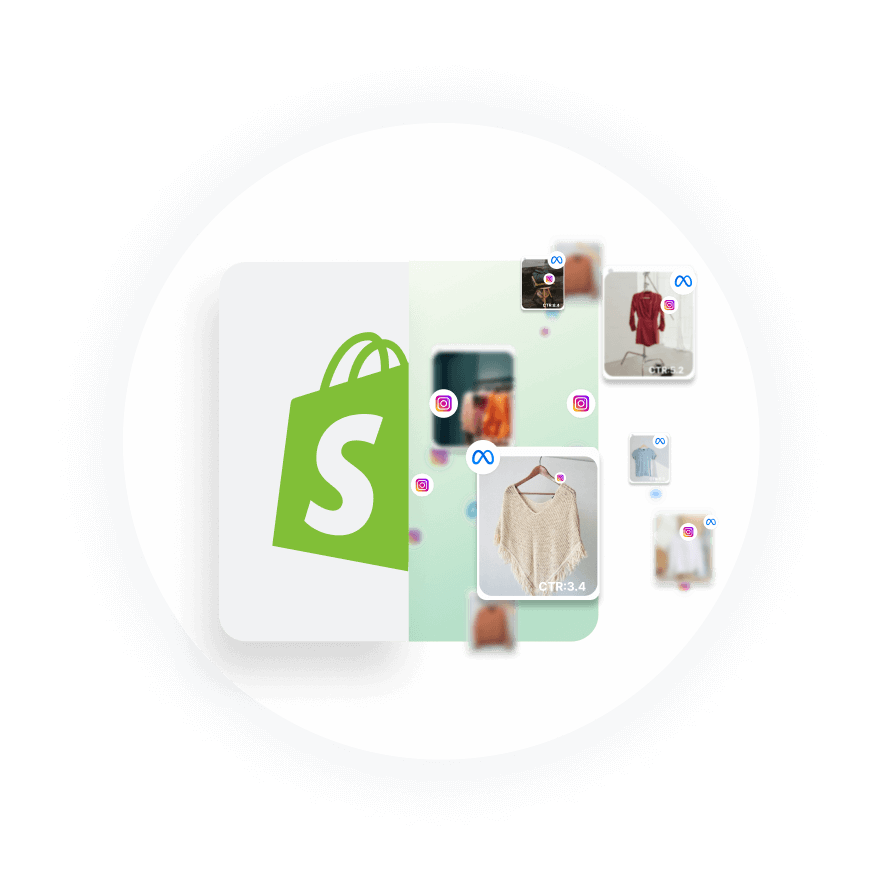 Shopify logo surrounded by clothing items, symbolizing seamless AI Ads launch on Facebook, TikTok, and Google Ads.