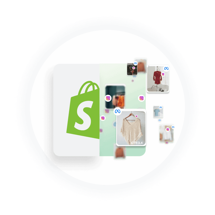 Shopify logo surrounded by clothing items, symbolizing seamless AI Ads launch on Facebook, TikTok, and Google Ads.