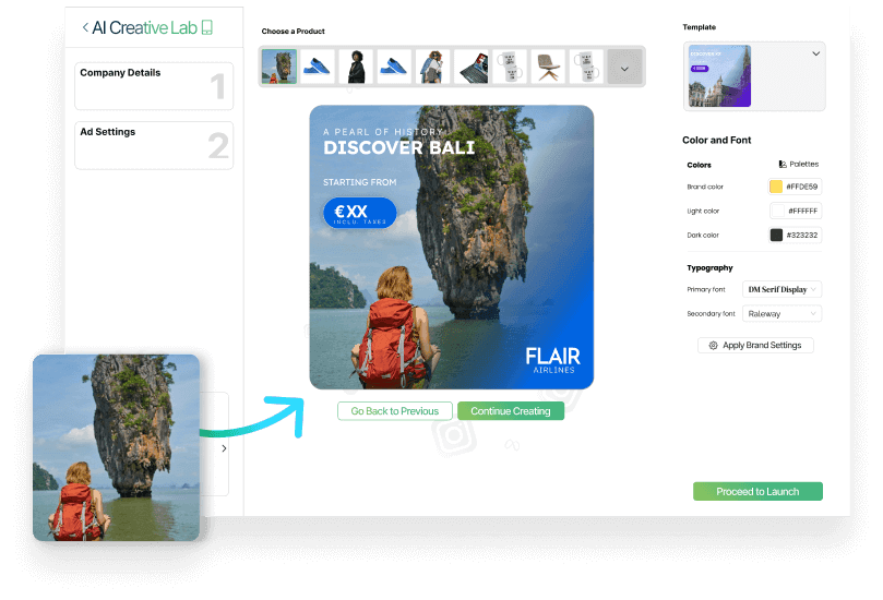 Tourist woman with a red backpack in Bali, showcasing automated AI creatives for Shopify.