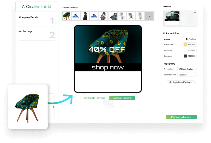 AI Creatives Lab displaying hundreds of modern, ready-to-use product catalog designs for easy setup in e-commerce and Shopify, featuring a green modern chair.