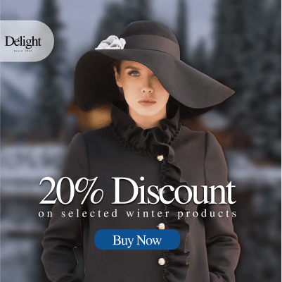 Elegant AI creatives for e-commerce showcasing a woman in a black coat and wide-brimmed hat, promoting discounts on selected winter products. The Shopify product catalog emphasizes the modern winter fashion collection.