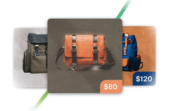 Dynamic product ads for Facebook showcasing discounts on three different colors of sports backpacks, representing AI ads targeting.