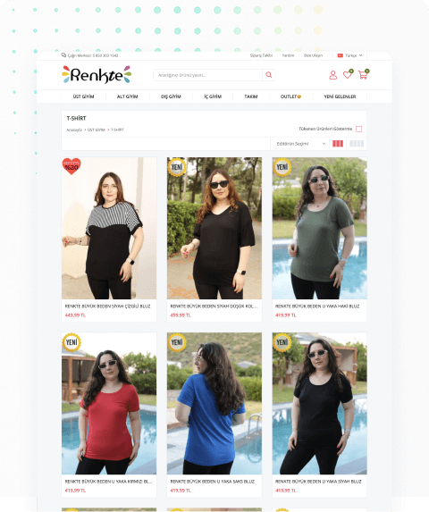 RenkTe women’s plus size t-shirt collection – models wearing casual oversized tops in black, green, red, and blue. Online shop product listing page with prices in TL.