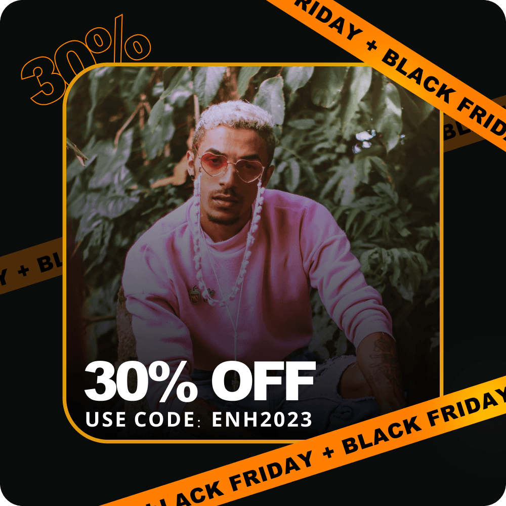 A Facebook ad for Black Friday promoting an e-commerce offer and discount for Shopify. The ad features a man wearing a pink sweatshirt and heart-shaped pink glasses. The background is adorned with green leaves, creating a modern design. The ad highlights an automated product catalog powered by AI Ad Creatives.