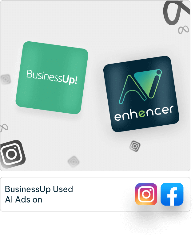 Visual showing BusinessUp and Enhencer logos, with text ‘BusinessUp Used AI Ads on’ followed by Instagram and Facebook logos, indicating ad usage on Meta platforms.