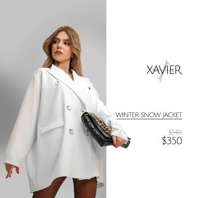 AI creatives for fashion e-commerce featuring a fashionable woman wearing a white winter snow jacket, and holding a black handbag. The Shopify product catalog highlights the jacket is on discount.