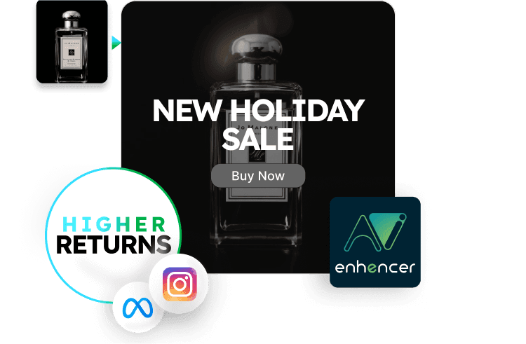 Enhencer AI Ads logo with Meta and Instagram logos, highlighting a black perfume for the holiday season, representing automated AI ad creation for Shopify e-commerce.