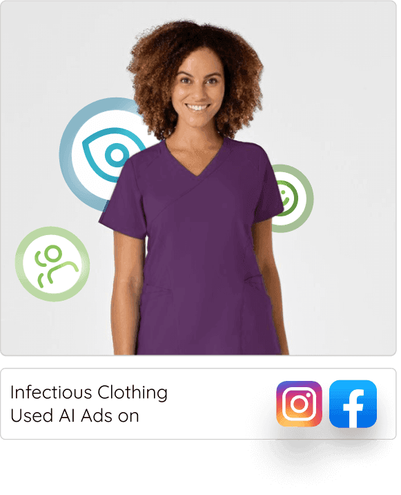 A curly-haired nurse wearing a purple medical scrub, showcasing Infectious Clothing’s Facebook Ads campaign for boosting online sales and customer engagement.