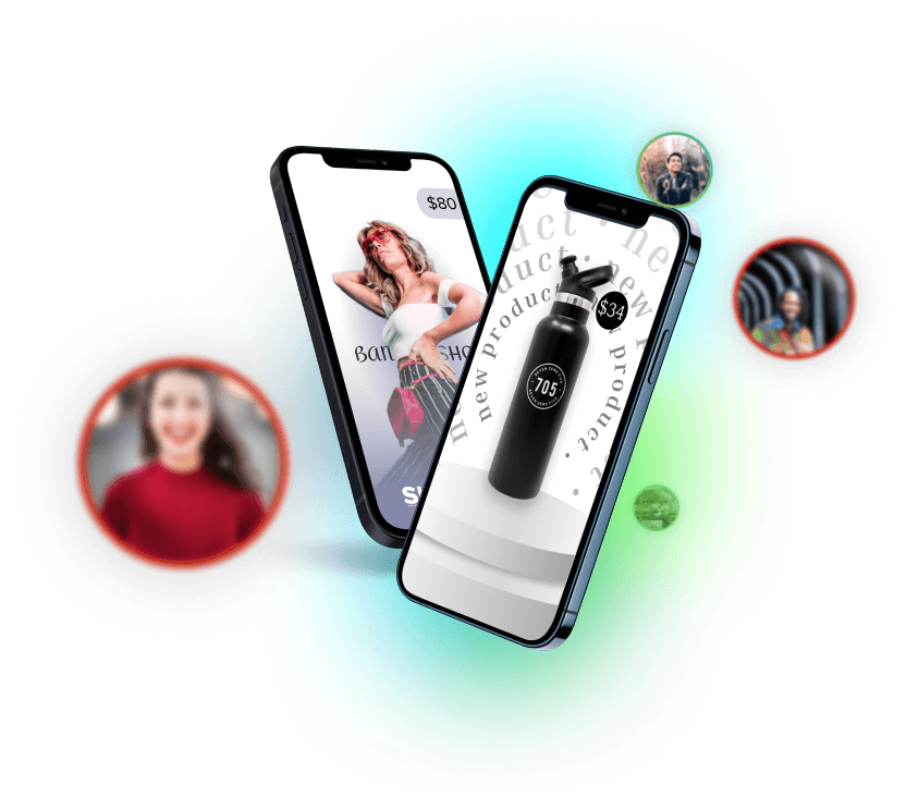 Two mobile smartphones side by side; one displays a steel water bottle, while the other shows a fashion ad. This design represents AI-powered ad automation.