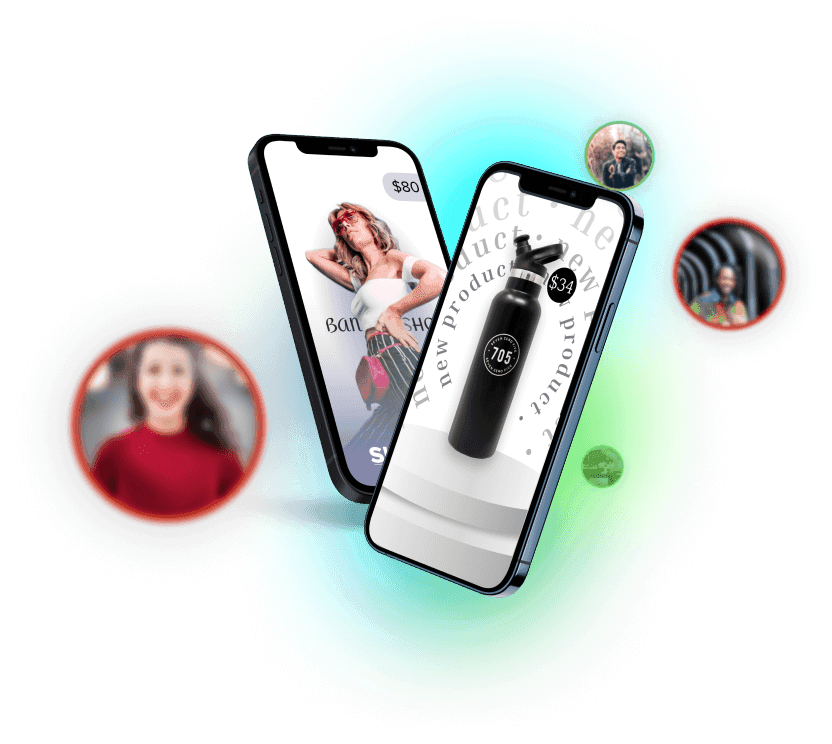 Two mobile smartphones side by side; one displays a steel water bottle, while the other shows a fashion ad. This design represents AI-powered ad automation.