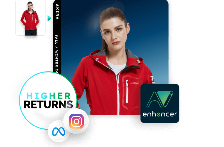 Enhencer AI Ads logo with Meta and Instagram logos, featuring a brunette model in red sportswear, representing automated AI ad creation for Shopify e-commerce.