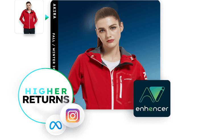 Enhencer AI Ads logo with Meta and Instagram logos, featuring a brunette model in red sportswear, representing automated AI ad creation for Shopify e-commerce.