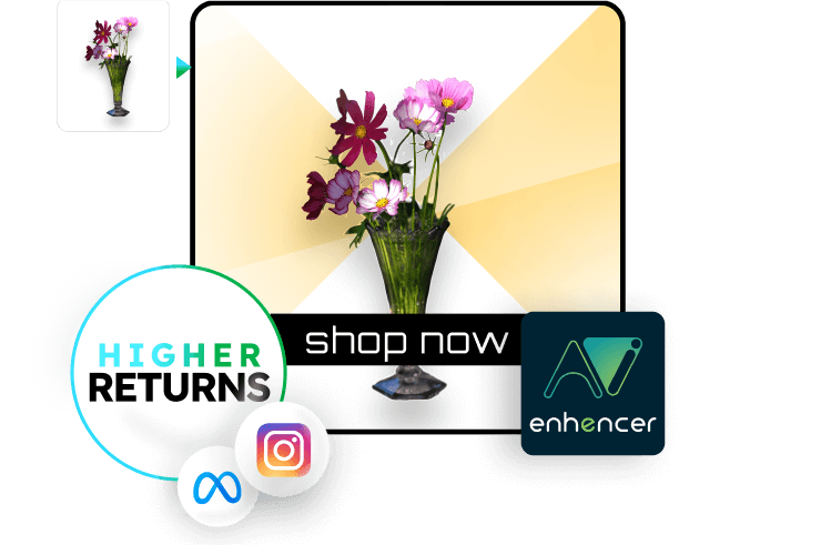 Vase with pink flowers, surrounded by Enhencer AI Ads, Meta, and Instagram logos, representing increased e-commerce sales powered by AI.