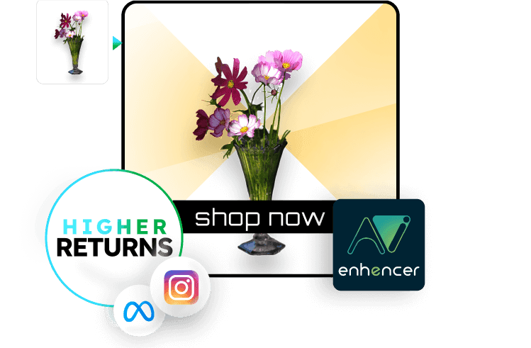 Vase with pink flowers, surrounded by Enhencer AI Ads, Meta, and Instagram logos, representing increased e-commerce sales powered by AI.