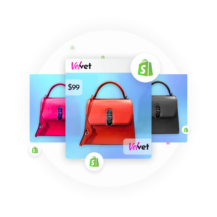 Shopify catalog displaying bag models, symbolizing instant transformation into winning ads.