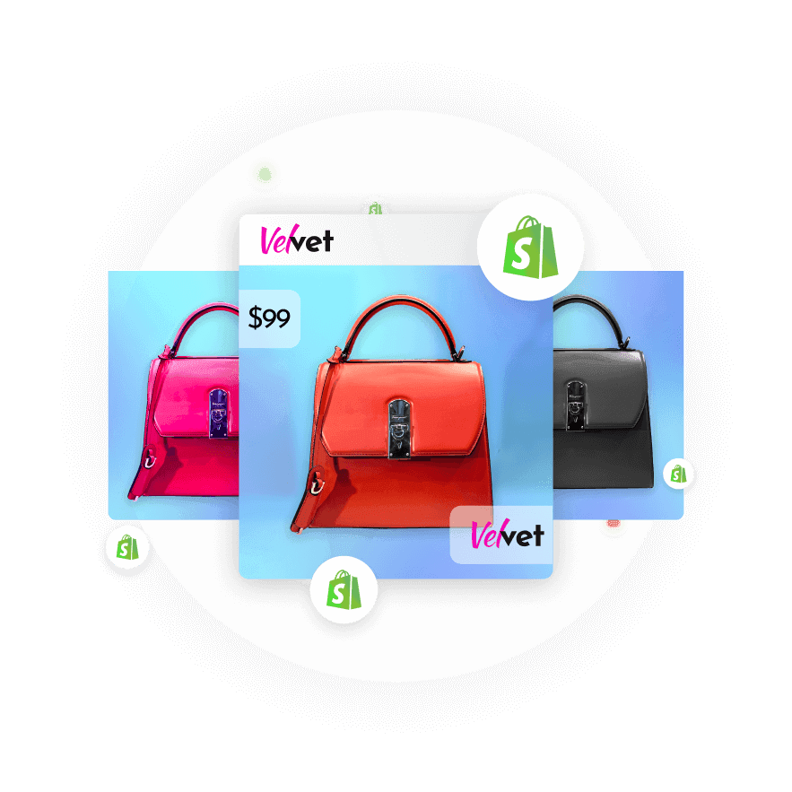 Shopify catalog displaying bag models, symbolizing instant transformation into winning ads.