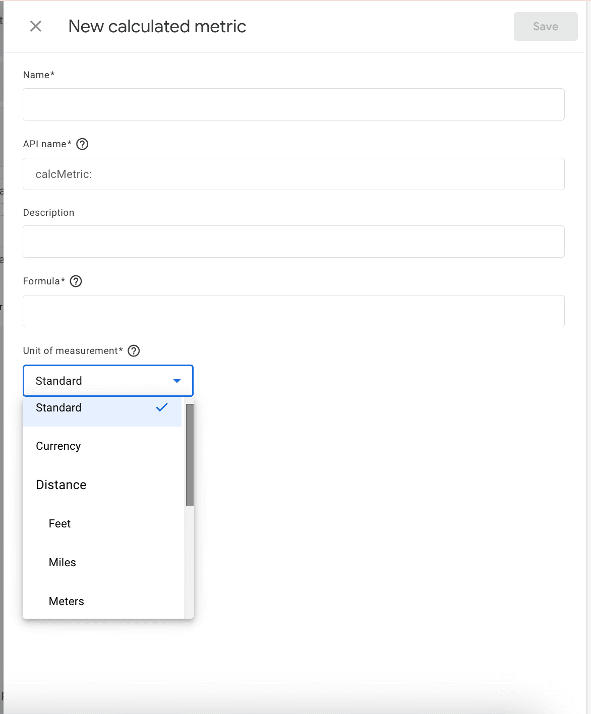 Creating a new calculated metric in Google Analytics 4. The screenshot shows the form fields for entering the name, API name, description, formula, unit of measurement, and standard for the new metric.