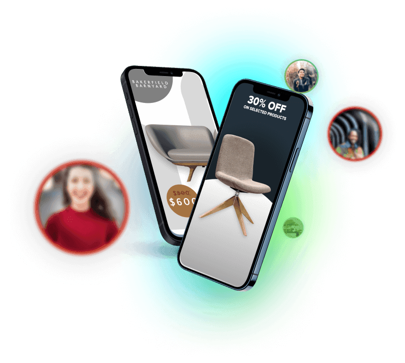 Two mobile smartphones side by side, each displaying a modern-style chair, symbolizing AI-powered ad automation.