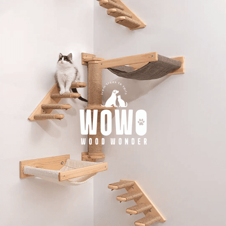 Modern wall-mounted wooden cat climbing shelves and hammock set by WoWo Wood Wonder — ideal for indoor cats to play, climb, and rest in style.