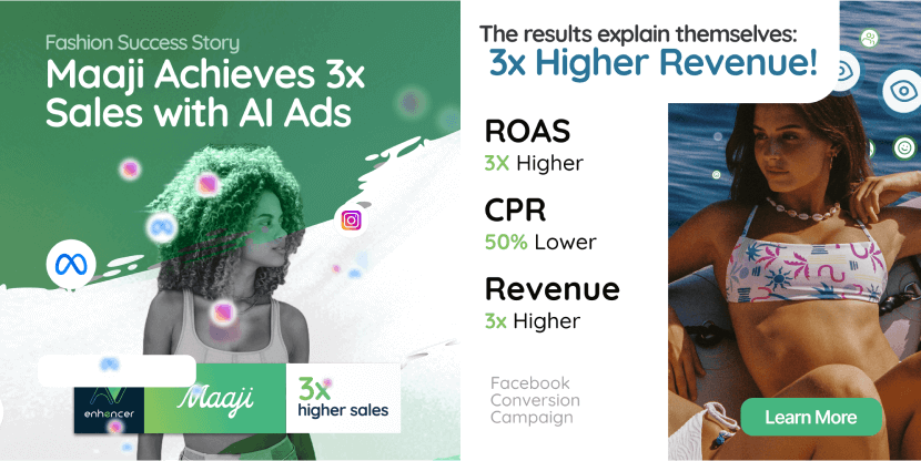 A fashion e-commerce brand using AI ads to boost sales and revenue through a Facebook conversion campaign, achieving higher ROAS and lower CPR