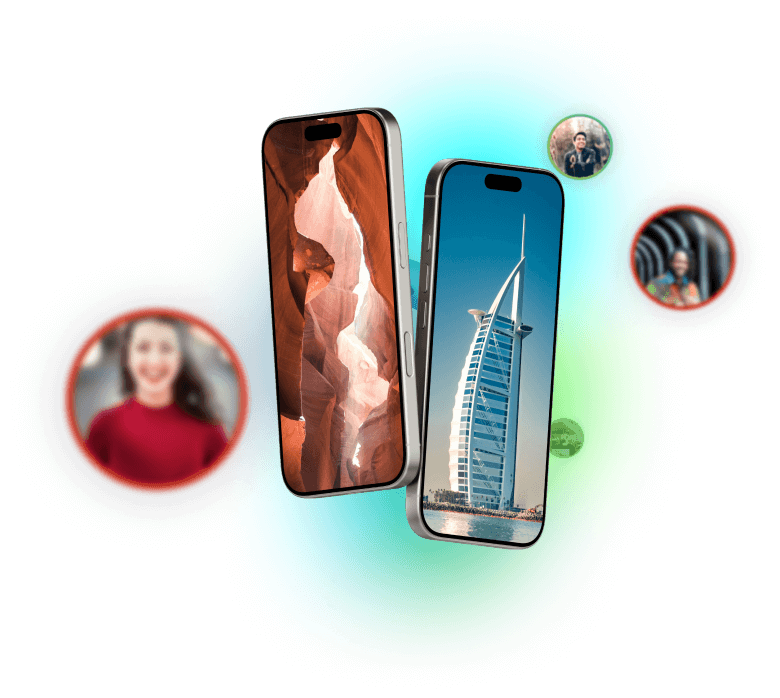 Two smartphones side by side, displaying Dubai and another tourist destination, symbolizing AI-powered ad automation.