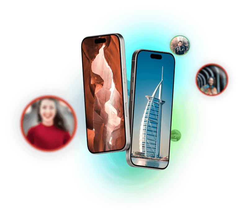 Two smartphones side by side, displaying Dubai and another tourist destination, symbolizing AI-powered ad automation.