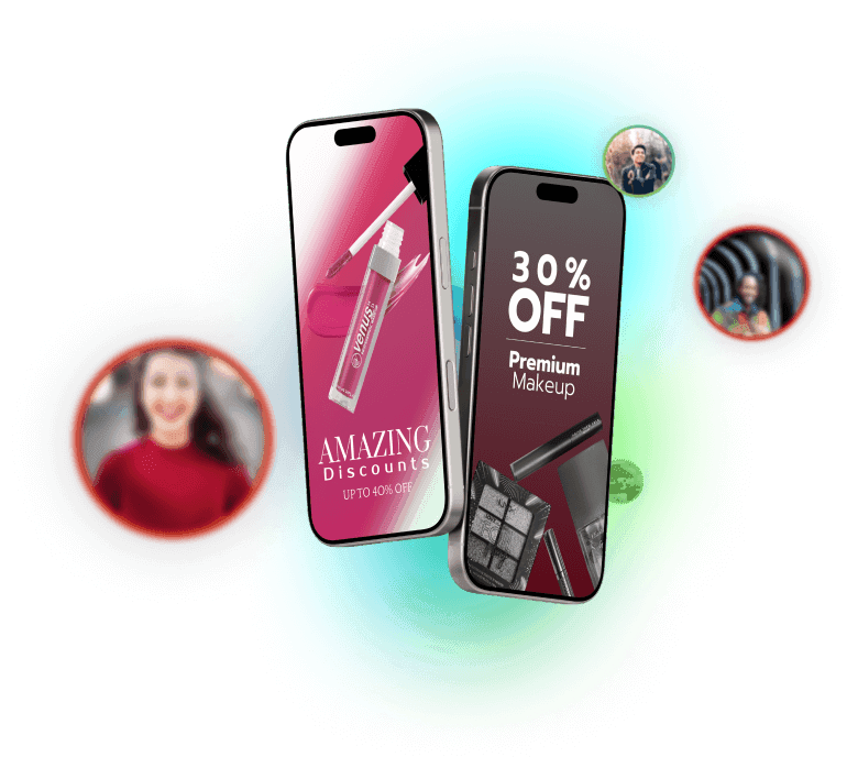 Two smartphones side by side displaying a discounted pink lipstick and 30% off makeup, symbolizing automated AI ad creation for cosmetics e-commerce.