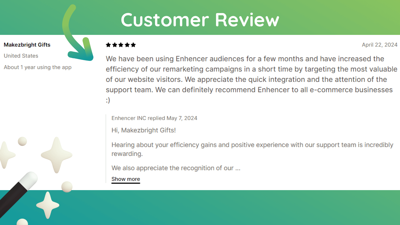 Good customer review example showcasing positive feedback and satisfaction for a Shopify integration