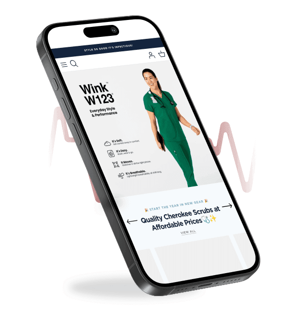 Smartphone screen displaying e-commerce platform for medical scrubs, featuring the text: ‘Quality Cherokee scrubs at affordable prices’ by Infectious Clothing Company.