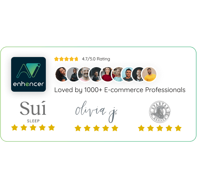 Five-star reviews from Sui Sleep, Olivia J, and Spartan Health, indicating that Enhencer AI Ads has satisfied over 1,000 Shopify and e-commerce clients.