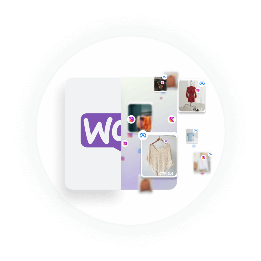 Woocommerce logo surrounded by clothing items, symbolizing seamless AI Ads launch on Facebook, TikTok, and Google Ads.